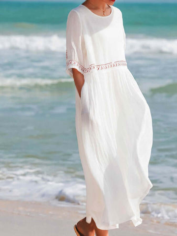 EmberLuxe Cotton-Linen Dress with Embroidery | Loose Fit | For Summer & Leisure | In White & Red