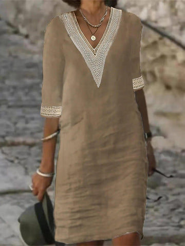 Vaylora Airy Cotton-Linen Dress with V-Neck | Comfortable & Stylish
