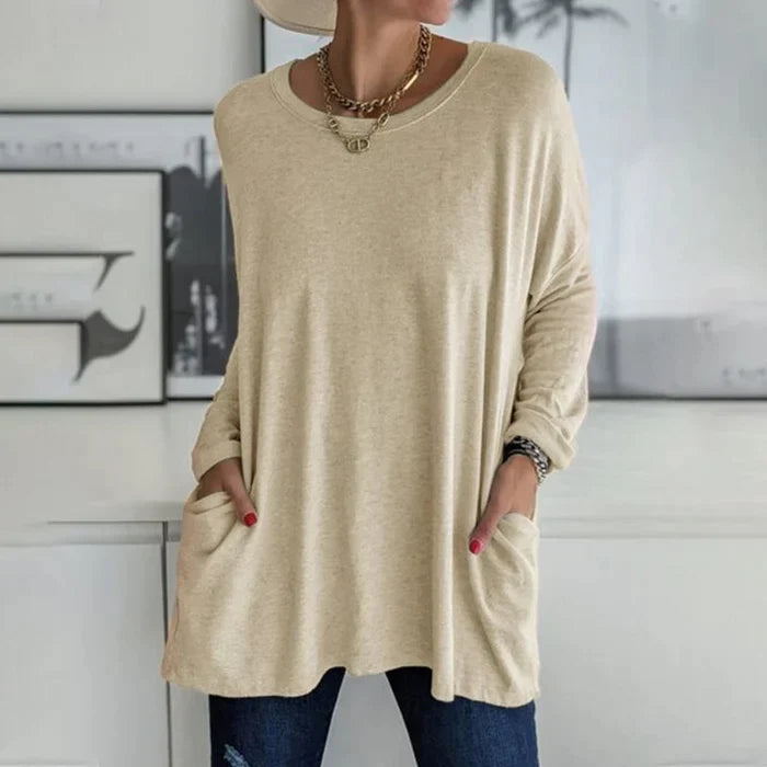 Amandra Mode Tunika Oberteil | Bequem & Stilvoll | Rundhals, Langarm, Mit Tasche