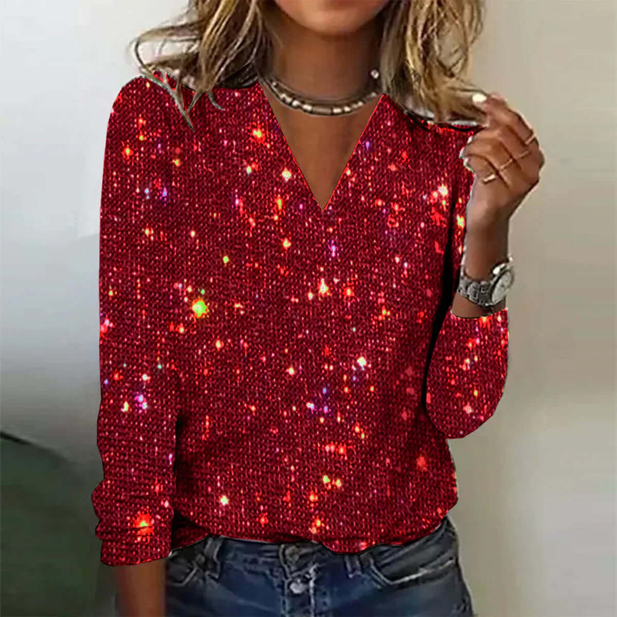 Pull pailleté GlamEase pour femme | Col en V | Un style pétillant pour les occasions spéciales