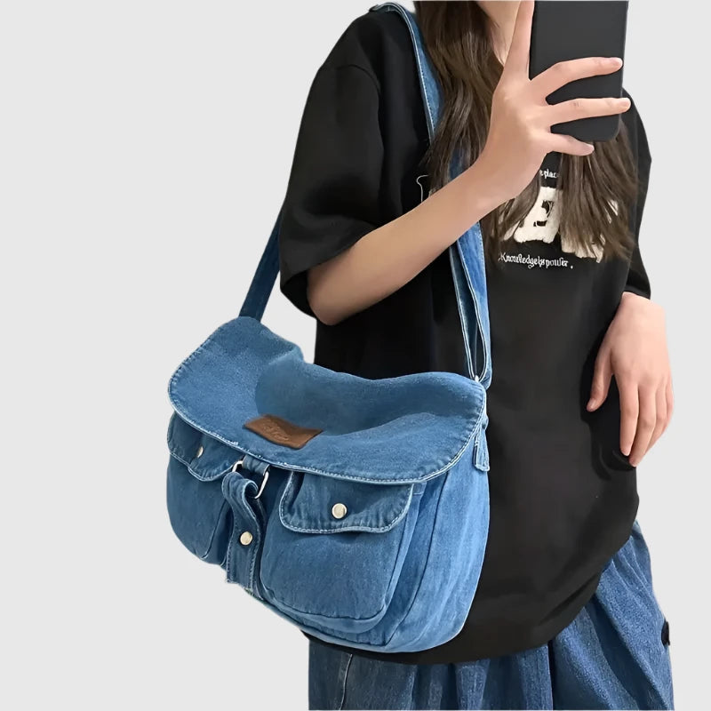 LuxeCross Denim Crossbody Bag | Spacious | Multifunctional | Trendy messenger bag with multiple pockets