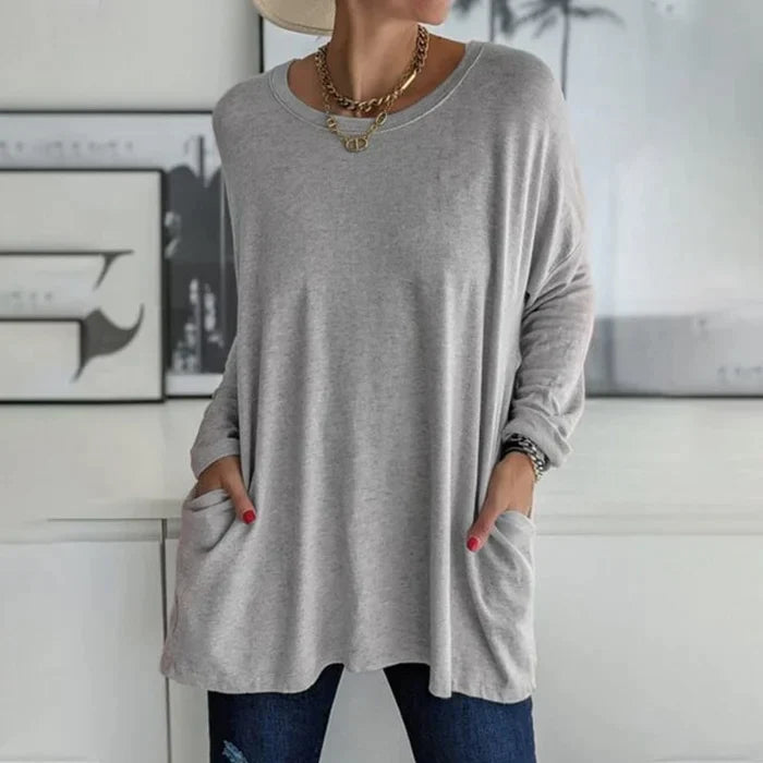 Amandra Mode Tunika Oberteil | Bequem & Stilvoll | Rundhals, Langarm, Mit Tasche