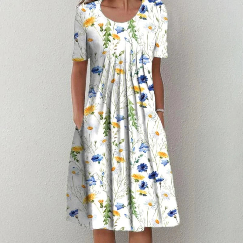 LunaBelle Floral Midi Dress with Short Sleeves | Summer Dress | Floral Print | Women's Fashion | Perfect for Any Occasion