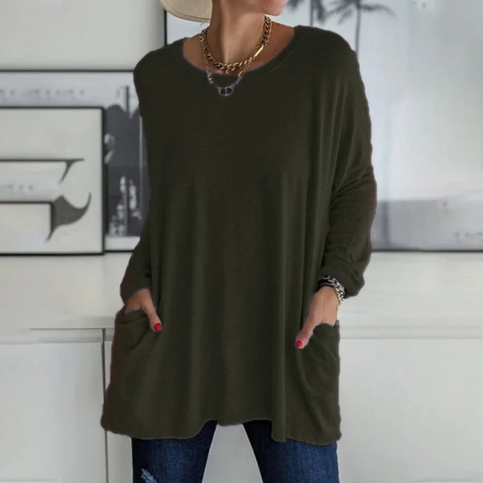 Amandra Mode Tunika Oberteil | Bequem & Stilvoll | Rundhals, Langarm, Mit Tasche
