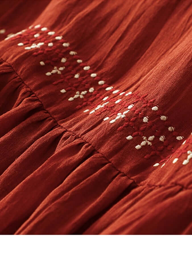 EmberLuxe Cotton-Linen Dress with Embroidery | Loose Fit | For Summer &amp; Leisure | In White &amp; Red