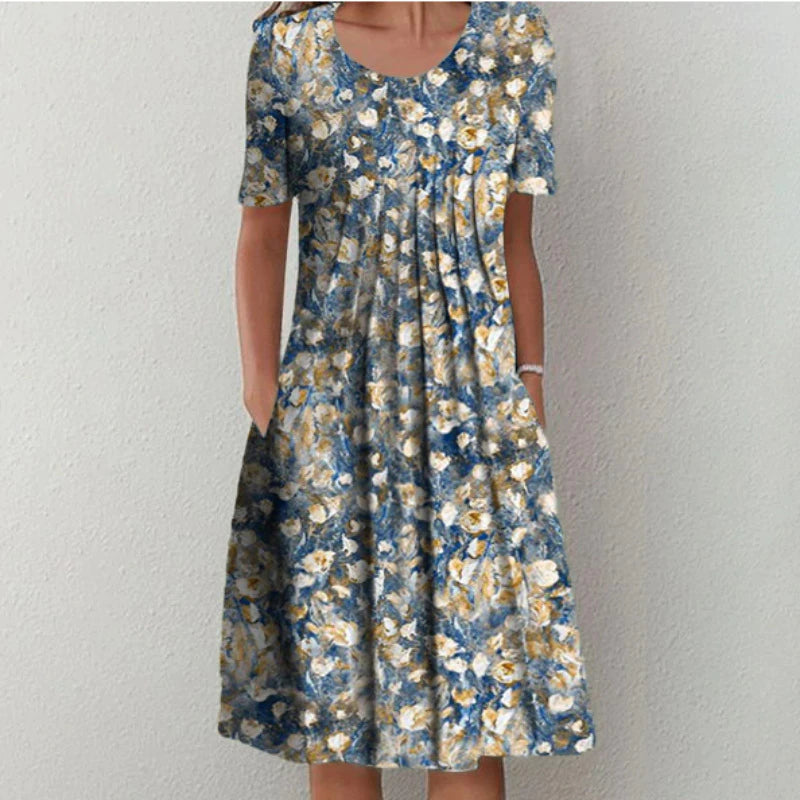 LunaBelle Floral Midi Dress with Short Sleeves | Summer Dress | Floral Print | Women's Fashion | Perfect for Any Occasion
