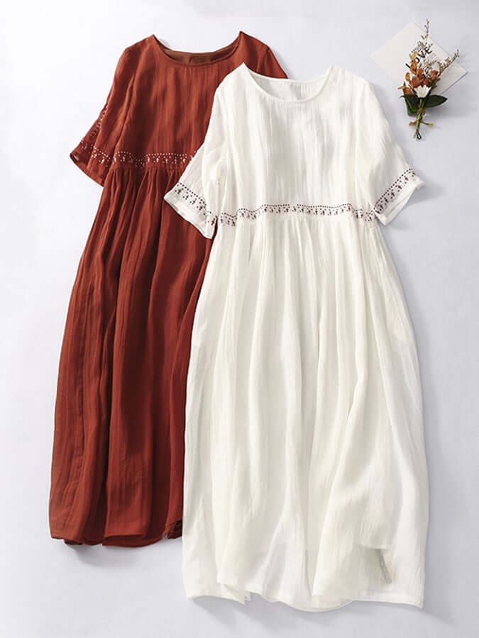 EmberLuxe Cotton-Linen Dress with Embroidery | Loose Fit | For Summer &amp; Leisure | In White &amp; Red