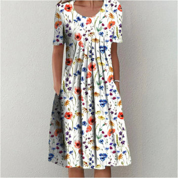 LunaBelle Floral Midi Dress with Short Sleeves | Summer Dress | Floral Print | Women's Fashion | Perfect for Any Occasion