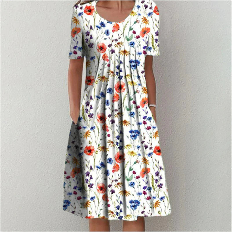LunaBelle Floral Midi Dress with Short Sleeves | Summer Dress | Floral Print | Women's Fashion | Perfect for Any Occasion
