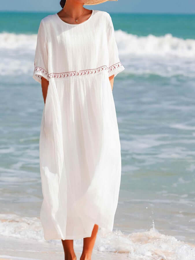 EmberLuxe Cotton-Linen Dress with Embroidery | Loose Fit | For Summer &amp; Leisure | In White &amp; Red