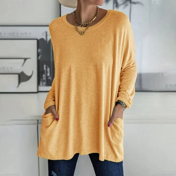 Amandra Mode Tunika Oberteil | Bequem & Stilvoll | Rundhals, Langarm, Mit Tasche