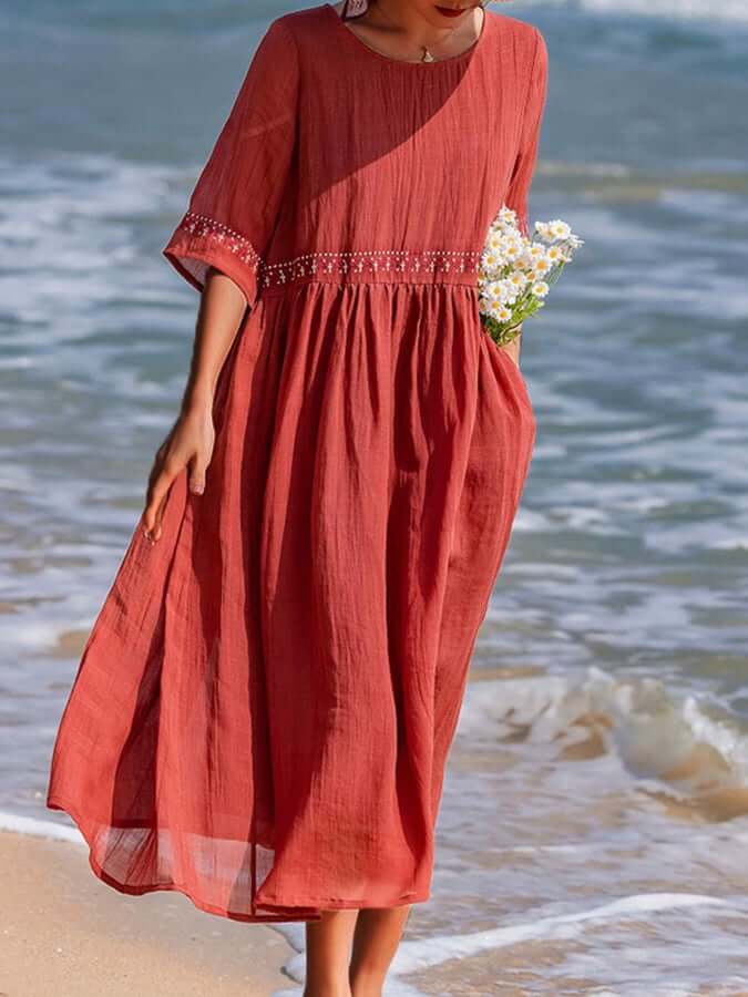 EmberLuxe Cotton-Linen Dress with Embroidery | Loose Fit | For Summer &amp; Leisure | In White &amp; Red