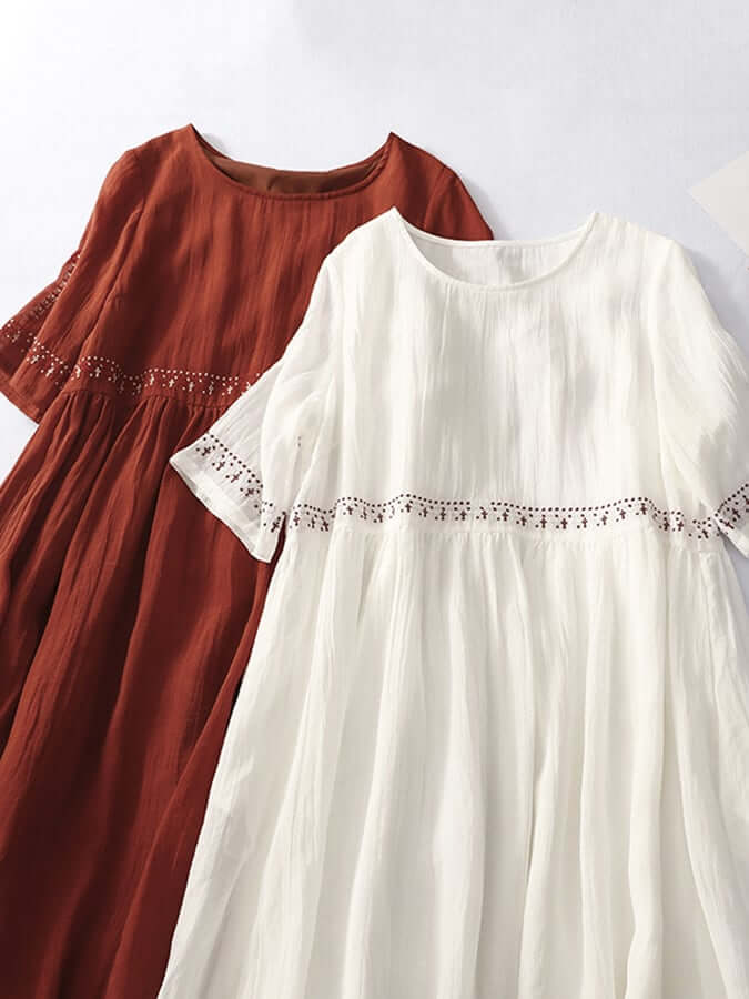 EmberLuxe Cotton-Linen Dress with Embroidery | Loose Fit | For Summer &amp; Leisure | In White &amp; Red