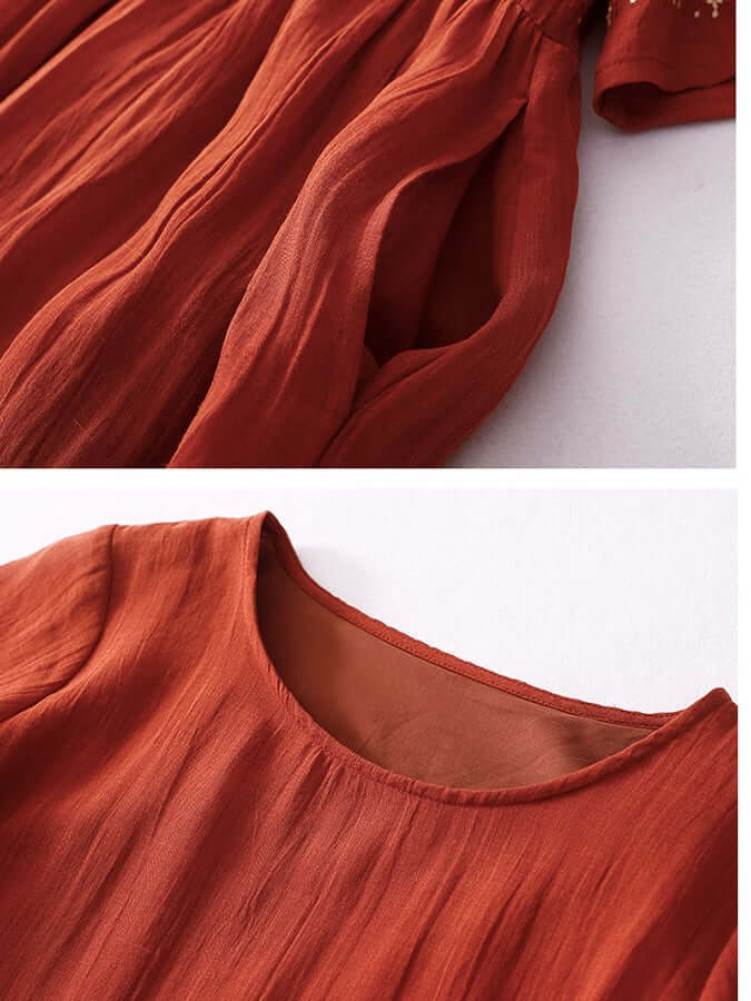EmberLuxe Cotton-Linen Dress with Embroidery | Loose Fit | For Summer &amp; Leisure | In White &amp; Red