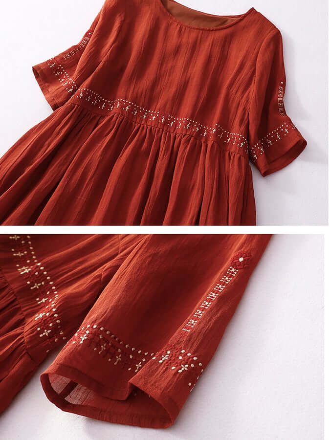 EmberLuxe Cotton-Linen Dress with Embroidery | Loose Fit | For Summer &amp; Leisure | In White &amp; Red