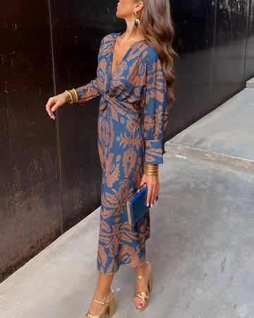 Robe midi pour femme FloralBloom | Col en V, manches longues | Mode d'automne en bleu, vert et rouge