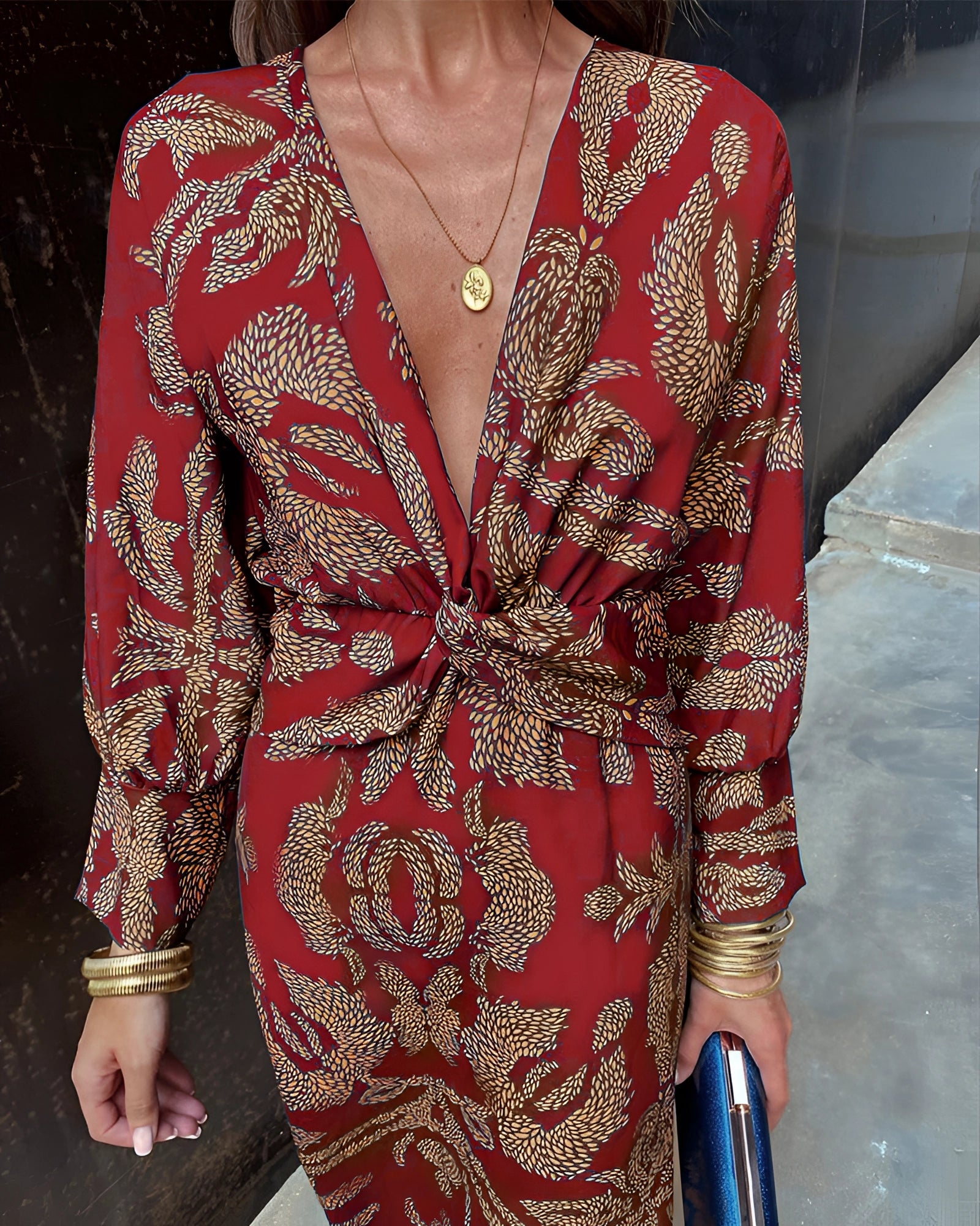 Robe midi pour femme FloralBloom | Col en V, manches longues | Mode d'automne en bleu, vert et rouge