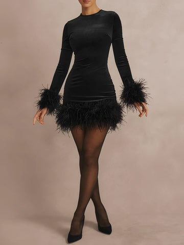 Mini-robe à bordure en plumes Glamora | Design élégant à manches longues | Tenues de fête pour femmes
