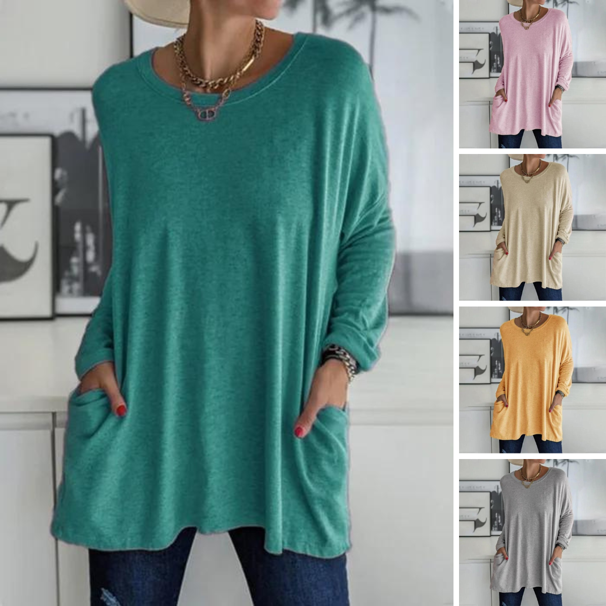 Amandra Mode Tunika Oberteil | Bequem & Stilvoll | Rundhals, Langarm, Mit Tasche