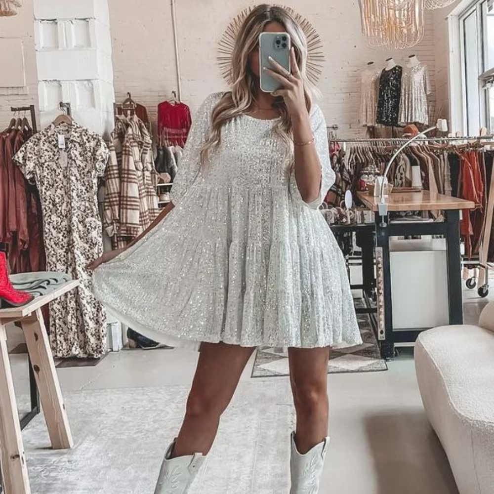Robe de soirée glamour Glittera | Robe babydoll scintillante | Tenue de soirée élégante