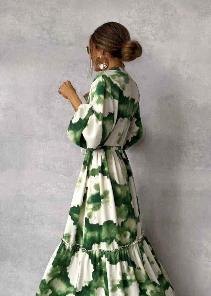 EmeraldGrace Green Maxi Dress | Long Sleeves | V-Neck for Elegant Occasions