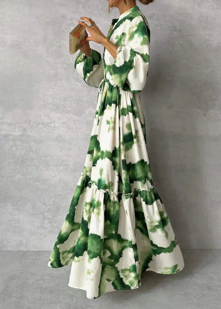EmeraldGrace Green Maxi Dress | Long Sleeves | V-Neck for Elegant Occasions