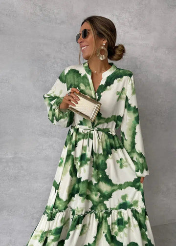 EmeraldGrace Green Maxi Dress | Long Sleeves | V-Neck for Elegant Occasions