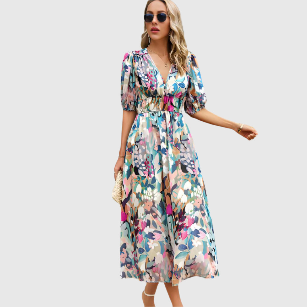 Robe élégante à col en V Dhalia | Coupe féminine | Aéré et confortable | Idéal pour l'été et les occasions