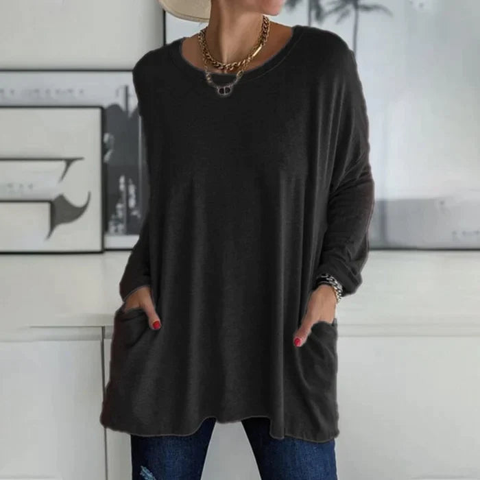 Amandra Mode Tunika Oberteil | Bequem & Stilvoll | Rundhals, Langarm, Mit Tasche