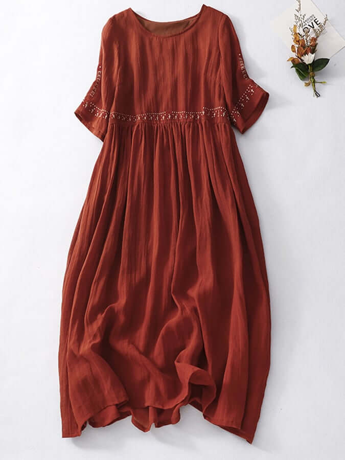 EmberLuxe Cotton-Linen Dress with Embroidery | Loose Fit | For Summer &amp; Leisure | In White &amp; Red