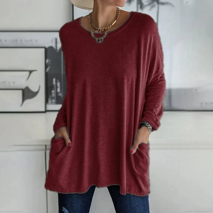 Amandra Mode Tunika Oberteil | Bequem & Stilvoll | Rundhals, Langarm, Mit Tasche