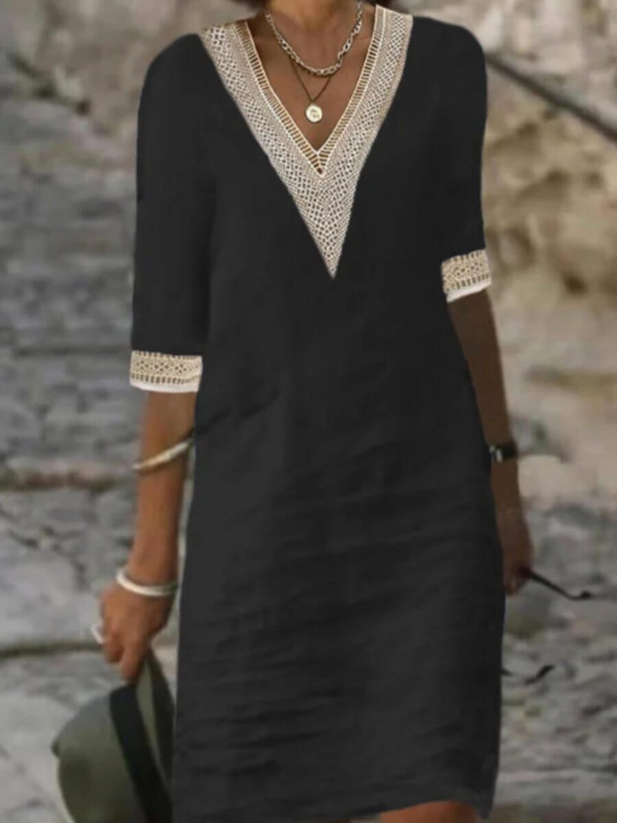 Vaylora Airy Cotton-Linen Dress with V-Neck | Comfortable &amp; Stylish