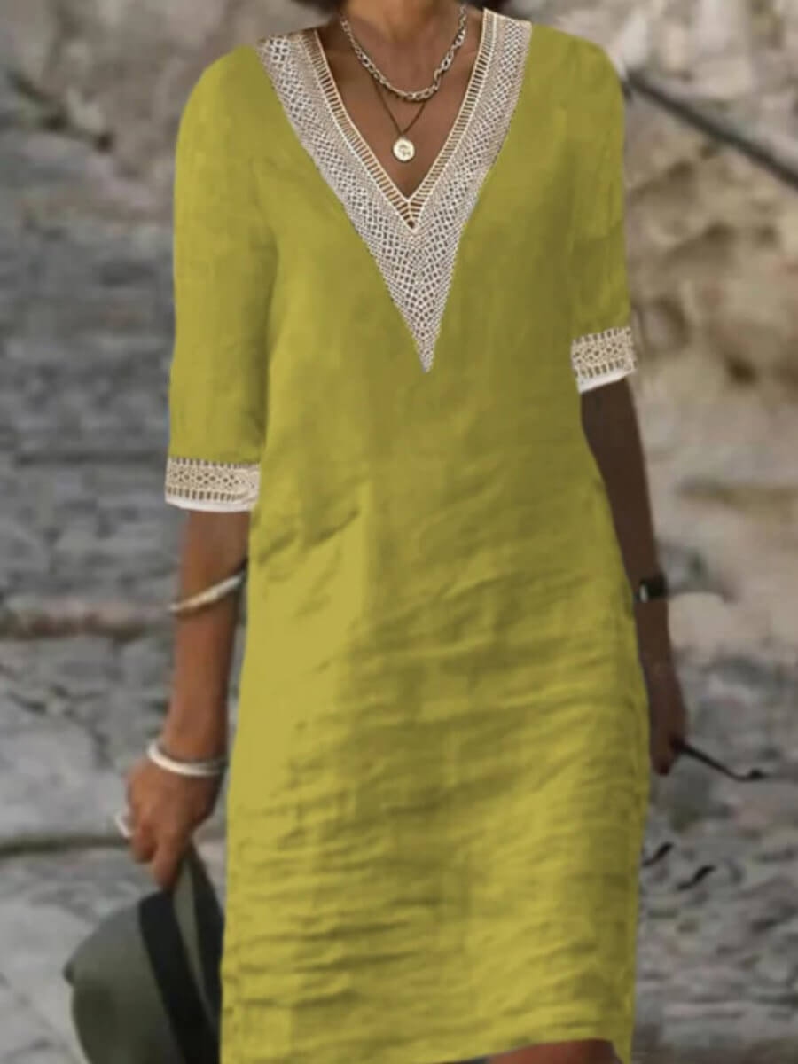 Vaylora Airy Cotton-Linen Dress with V-Neck | Comfortable &amp; Stylish