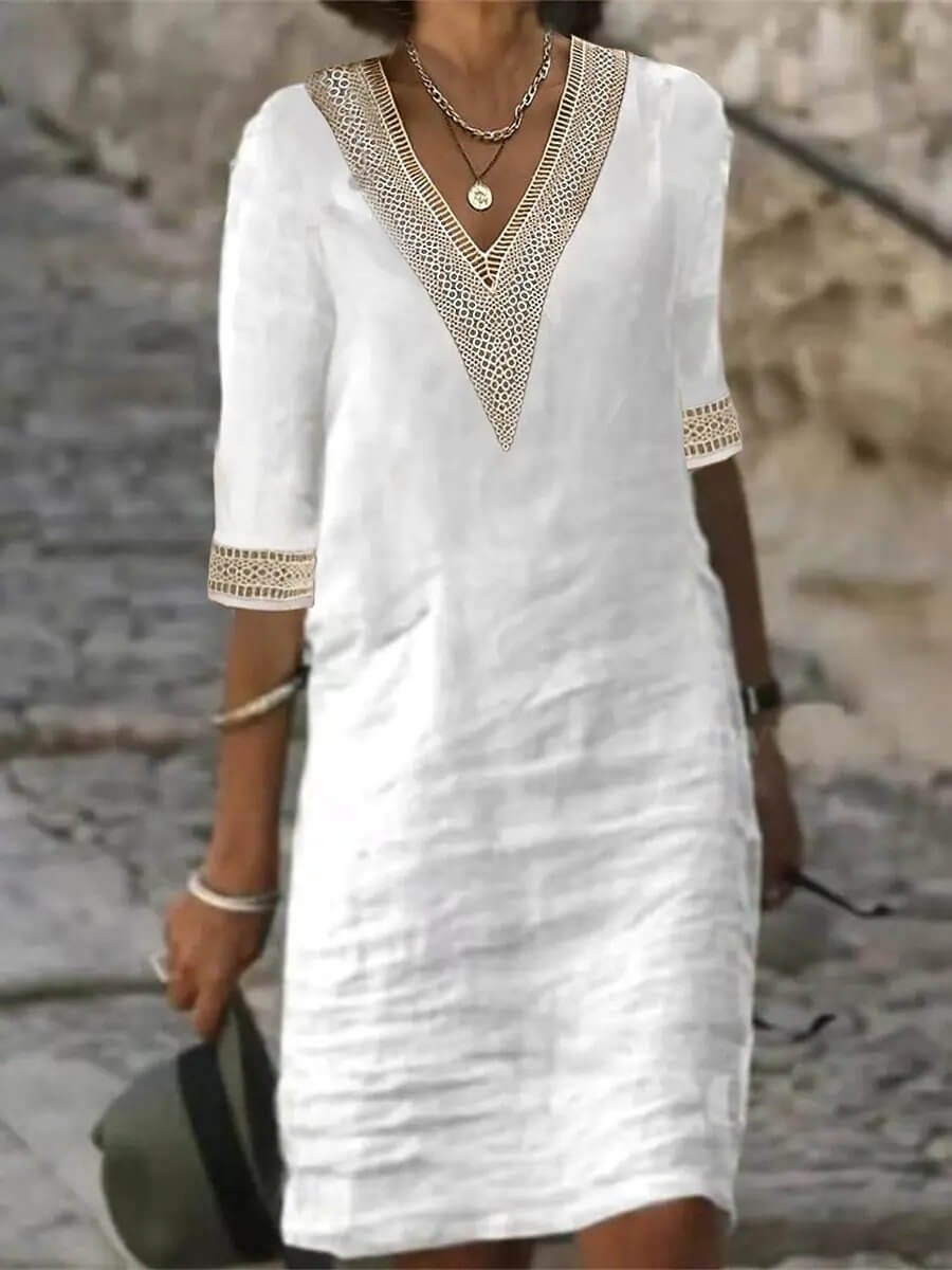 Vaylora Airy Cotton-Linen Dress with V-Neck | Comfortable &amp; Stylish