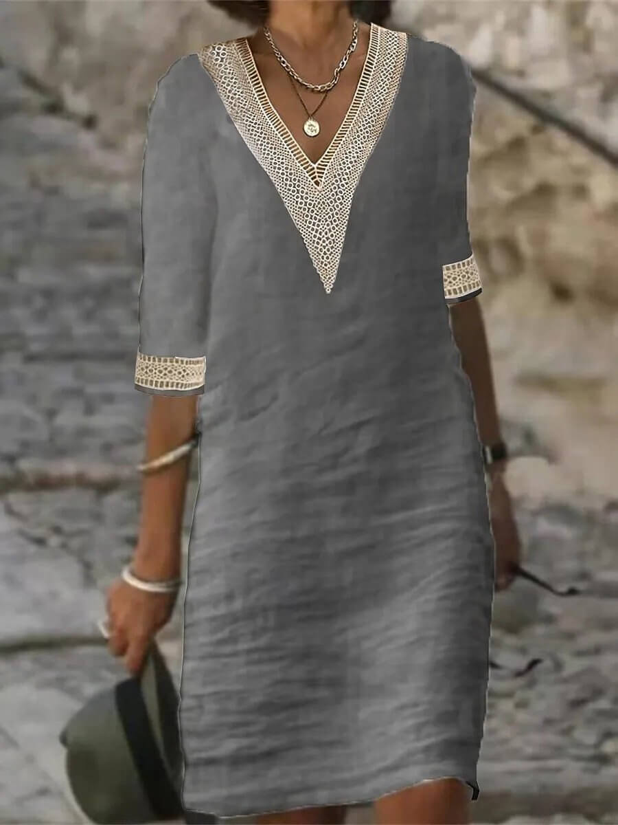 Vaylora Airy Cotton-Linen Dress with V-Neck | Comfortable &amp; Stylish