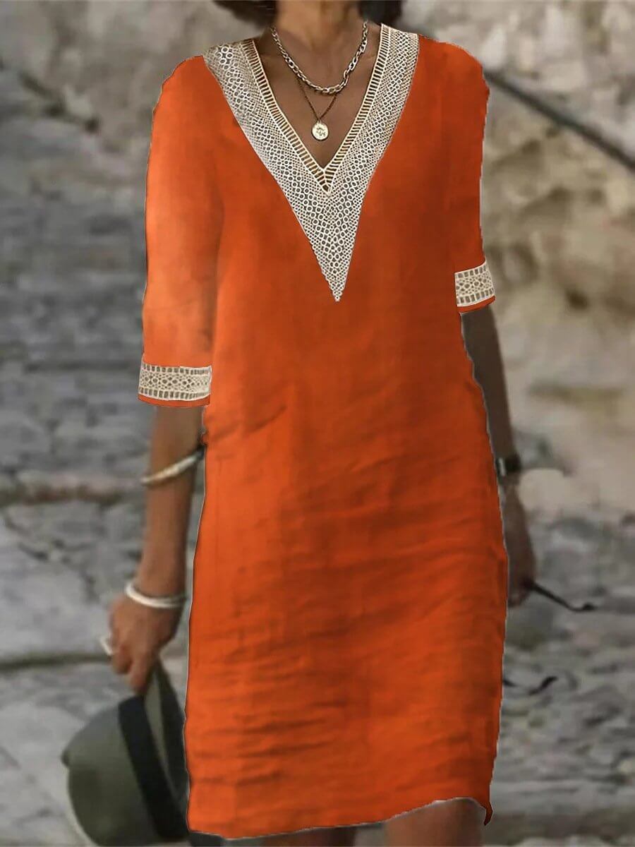 Vaylora Airy Cotton-Linen Dress with V-Neck | Comfortable &amp; Stylish