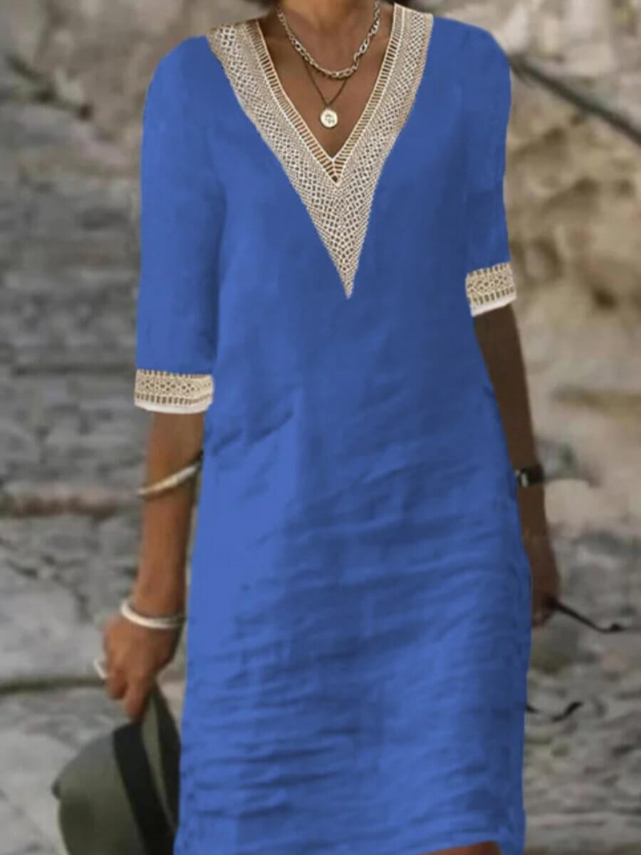 Vaylora Airy Cotton-Linen Dress with V-Neck | Comfortable &amp; Stylish