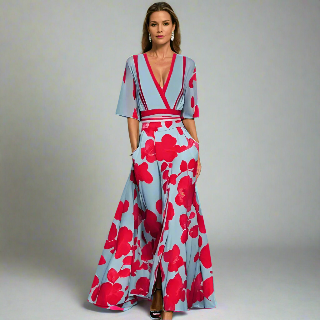Robe longue à col en V Sienna Grace | Luxueux | Chic | Robe d'été pour occasions spéciales
